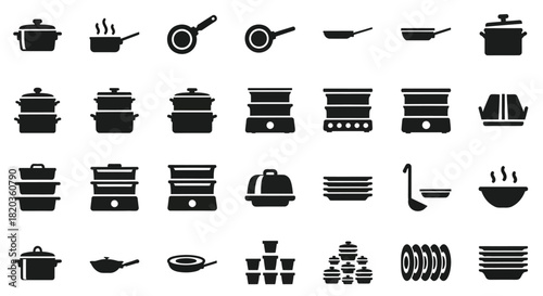 Stockpot, skillet, steamer icons for chefs and culinary designs alike