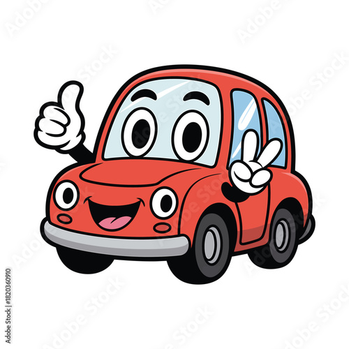 A cheerful red cartoon car character with a happy face gives a thumbs up and a peace sign