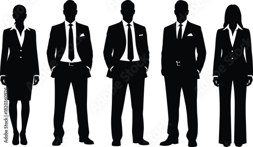 Business team silhouettes in professional attire standing confidently, corporate people group illustration for leadership, teamwork, office presentation and company branding