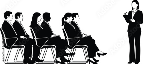Business training session with professional audience listening to female presenter giving lecture, corporate seminar, leadership workshop, business education meeting illustration
