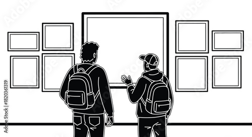 Friends admire artwork together in modern gallery with blank canvases