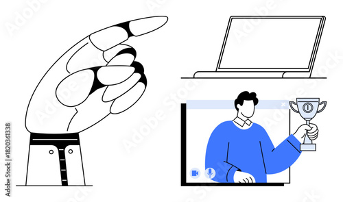 Hand pointing gesture, a laptop, and a person holding a trophy during an online meeting. Ideal for teamwork, digital communication, achievements, motivation, leadership, recognition success