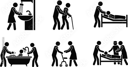 Caregiving icons, elderly assistance symbols, healthcare support silhouettes, nurse helping patient, disability care pictograms, washing bathing support, medical caregiver actions set,