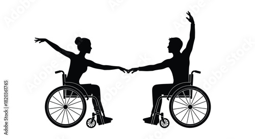 Graceful wheelchair dancers reaching for connection in silhouette art