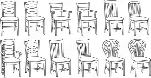 Collection of wooden chair illustrations in various designs, hand-drawn furniture set for interior design decor, seating icons, outline silhouettes, vector art