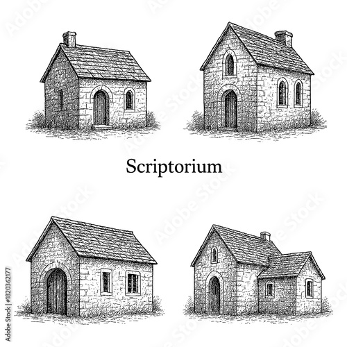 фотографія Medieval scriptorium buildings with stone walls in vintage engraving style, Tran