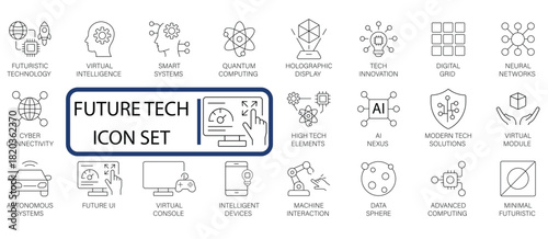 Future Technology line icon set. Covers AI, Quantum Computing, Neural Networks, Autonomous Systems, and Cyber Connectivity