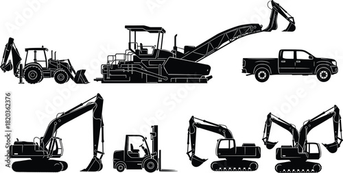 Construction machinery silhouette set featuring excavators, backhoe loaders, forklift, dump truck and heavy equipment icons for building, industrial, engineering and construction projects