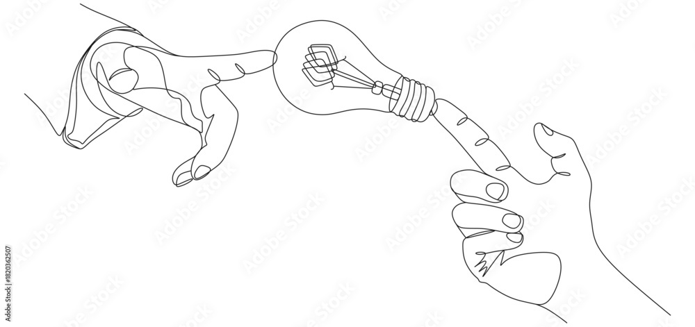Fototapeta premium Hands touching light bulb continuous line drawing eps 3