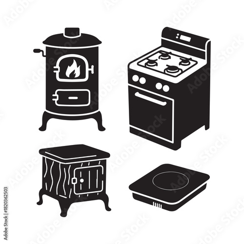 Black Glyph Icons of Stove Appliances Wood Stove, Gas Range, and Induction Cooktop. 