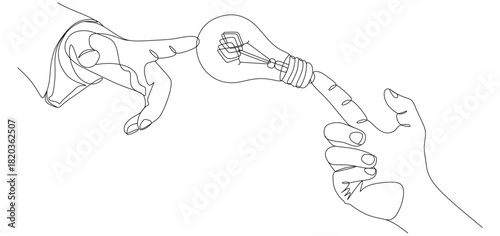 Hands touching light bulb continuous line drawing eps 3