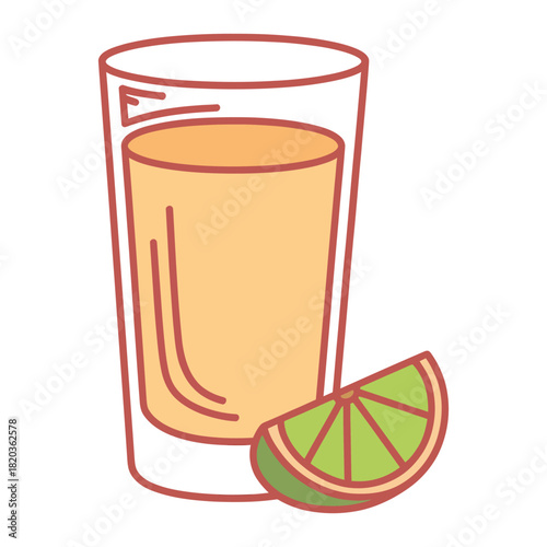 Illustration of a tequila shot glass with golden drink and fresh lime wedge, symbolizing celebration, party, and refreshing beverages