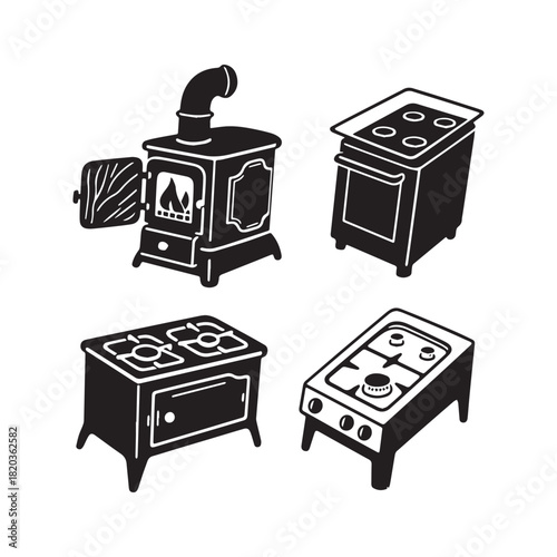 Black Glyph Icons of Stove Appliances Wood Stove, Gas Range, and Induction Cooktop. 