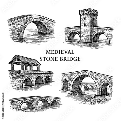 Schilderij op canvas Medieval stone bridges with arched structures in vintage engraving style, Transp