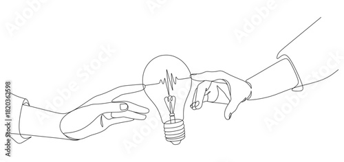 Hands touching light bulb continuous line drawing eps 1