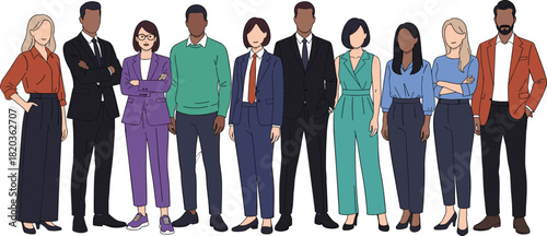 Diverse business team standing together in modern professional attire, multicultural office colleagues representing corporate workforce unity and inclusive workplace collaboration