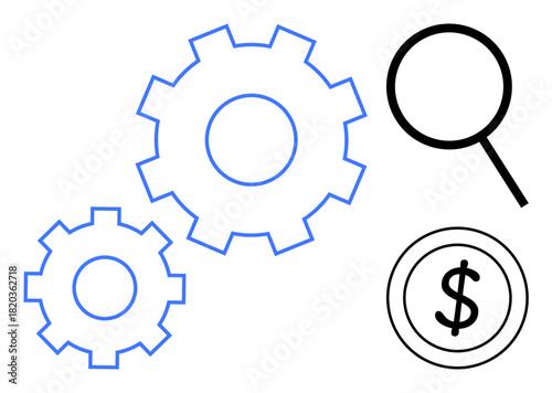 Blue gears, black magnifying glass, and coin with dollar sign emphasize process optimization, financial analysis, business growth, problem-solving, innovation, cost management, and decision-making