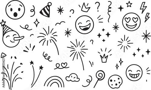 Set of sketch birthday celebration elements. Cute line doodle emoji, fireworks, sparks, rainbow, stars, confetti. Squiggle drawings vector illustration black and white 