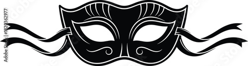Elegant masquerade mask with artistic ribbons, vintage carnival accessory illustration, ornate black decorative party mask design for celebration and festival themes