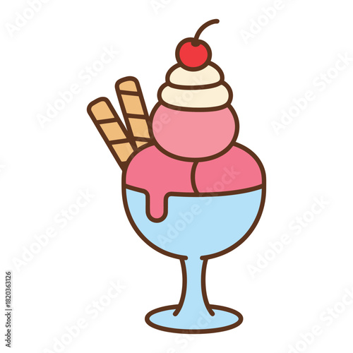 Cute cartoon ice cream sundae with two pink scoops, whipped cream, a red cherry, and two wafer sticks in a blue glass