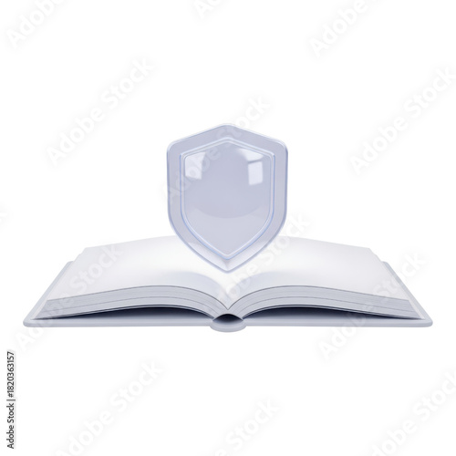 White shield icon floating above an open book isolated on transparent background
