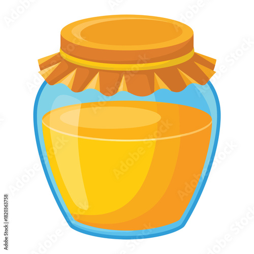 A cartoon illustration of a glass jar filled with golden honey, sealed with a decorative lid
