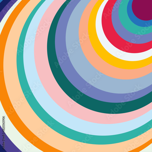 Concentric, colorful, curving bands emanate from the upper right, creating a vibrant, swirling pattern with a playful, retro, and optimistic mood.
