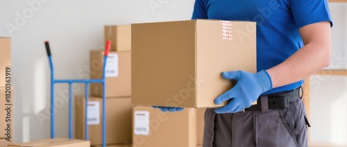 Mover in blue uniform and gloves carrying a box near a hand truck.