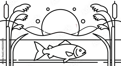 Tranquil teal fish swimming in peaceful waters at sunset illustration