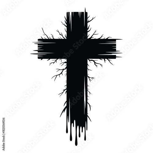 Stylized black grunge cross with intricate root and branch details, embodying themes of faith, hope, and resurrection