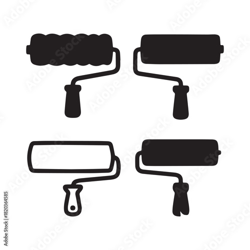 Black Silhouette Icons of Paint Rollers for Home Renovation and Wall Painting. 