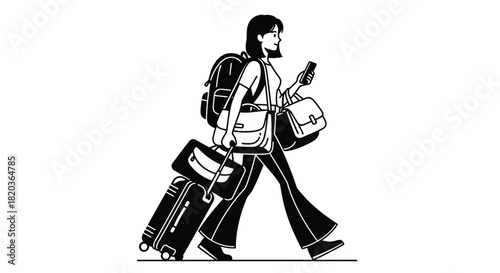 Stylish traveler checking phone while pulling luggage to her next adventure