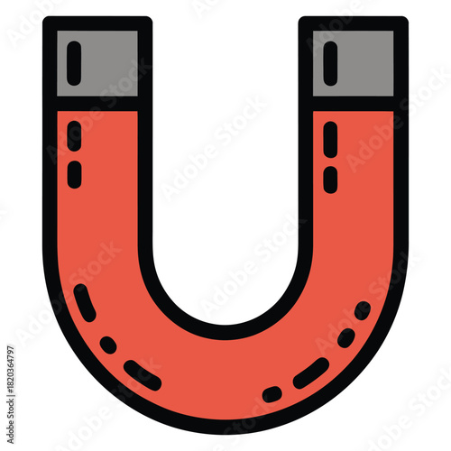 A vibrant red horseshoe magnet with grey poles, symbolizing magnetic attraction and fundamental physics principles