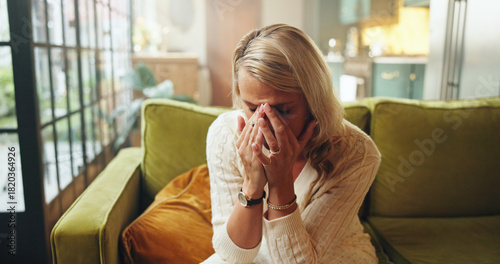 Quadro su tela Crying, woman and sad on couch in home, grieving and unhappy with breakup, mental health or emotions