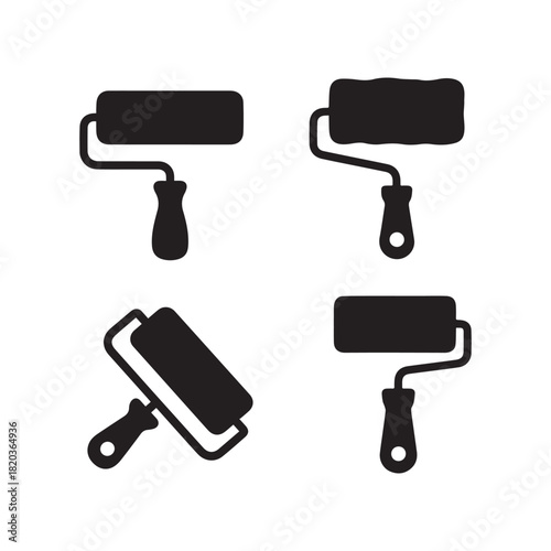 Black Silhouette Icons of Paint Rollers for Home Renovation and Wall Painting. 