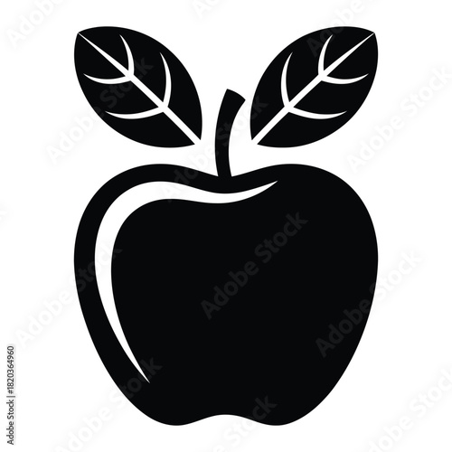 Simple black silhouette of a fresh apple with two leaves, representing healthy eating, nature, fruit, and organic food concepts