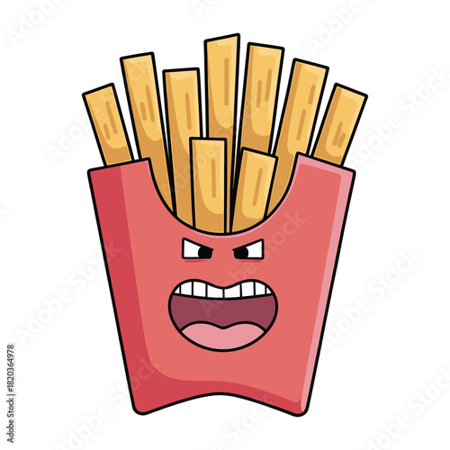 A humorous cartoon illustration of a red box of golden french fries with an angry, screaming face and wide open mouth