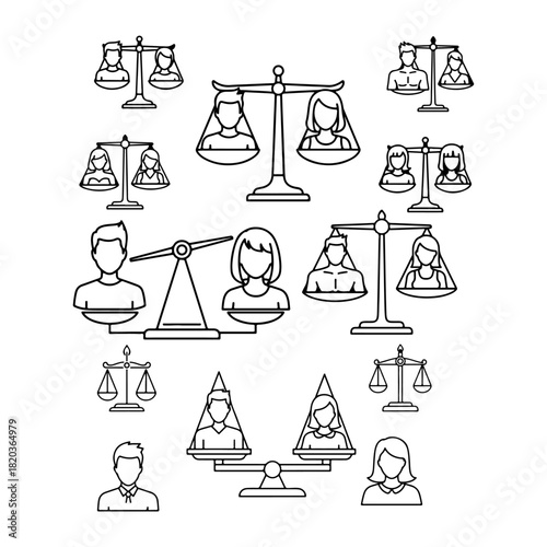 Man and woman on scales thin line icon, family lawyer concept. equality of man and woman concept