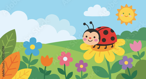 Friendly Ladybug in a Flower Garden
Flat vector illustration of a smiling ladybug sitting on a yellow flower in a colourful garden