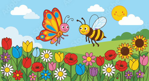 Butterfly & Bee Friends in a Flower Field
Flat vector butterfly and bee smiling at each other above a field of colourful flowers
