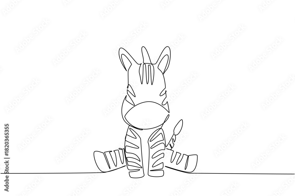 Obraz premium Single line draw of a cute baby zebra sitting with stripes and tufted tail, a wildlife concept themed for cute wild animals cartoon sitting, ideal for nursery decor, stickers, and kids brand graphic