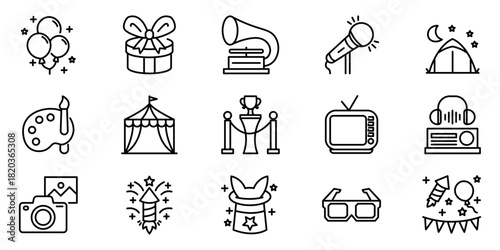 Party and Entertainment Line Icons Celebration, Music, & Festive Elements