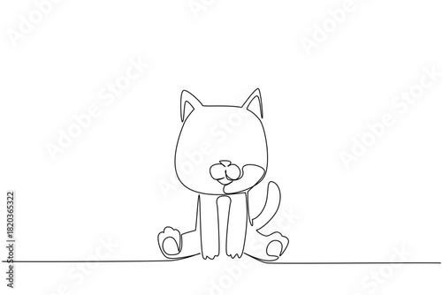 Single line drawing of a cute baby cat sitting with pointy ears and curled tail, a nature concept themed for cute wild animals cartoon sitting, ideal for nursery posters, stickers, and kids branding.