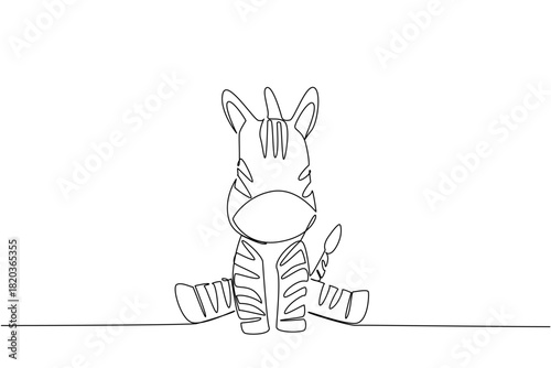 Single line draw of a cute baby zebra sitting with stripes and tufted tail, a wildlife concept themed for cute wild animals cartoon sitting, ideal for nursery decor, stickers, and kids brand graphic