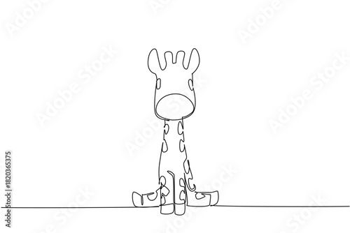 One line drawing of a gentle giraffe sitting with long neck, a nature concept themed for cute wild animals cartoon sitting, ideal for nursery decor, stickers, and playful kids room branding.