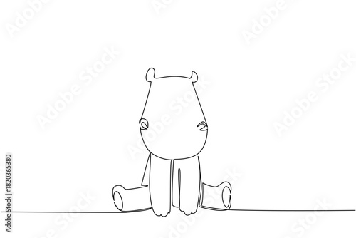 One line drawing of a cute baby hippo sitting front view with tiny ears, a wildlife concept themed for cute wild animals cartoon sitting, ideal for nursery prints, stickers, and cheerful kids room dec