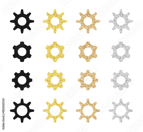 Black and white, gold, bronze and silver gears with a glitter texture, isolated on a white background. Mechanism, steampunk, decorative elements. Vector big set of cogwheels for design, label or print