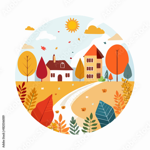 Autumn nature and landscape. Vector art abstract illustration of village, trees, forest, bushes, flowers, houses for poster, background or cover. 