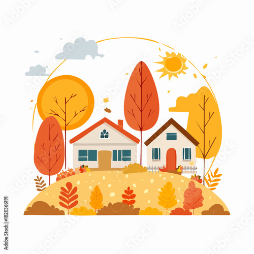 Autumn nature and landscape. Vector art abstract illustration of village, trees, forest, bushes, flowers, houses for poster, background or cover. 