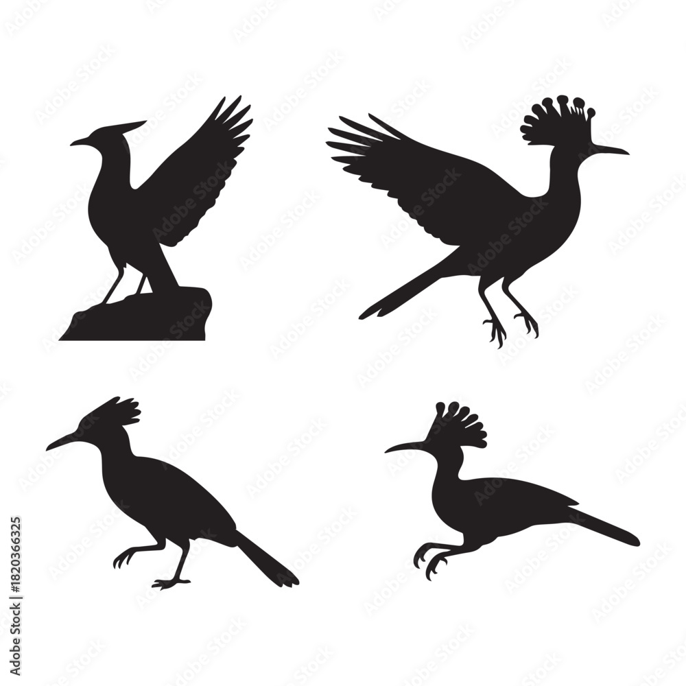 Obraz premium Black Silhouette Set of Exotic Birds Including Hoopoes in Flight and Perched Poses.